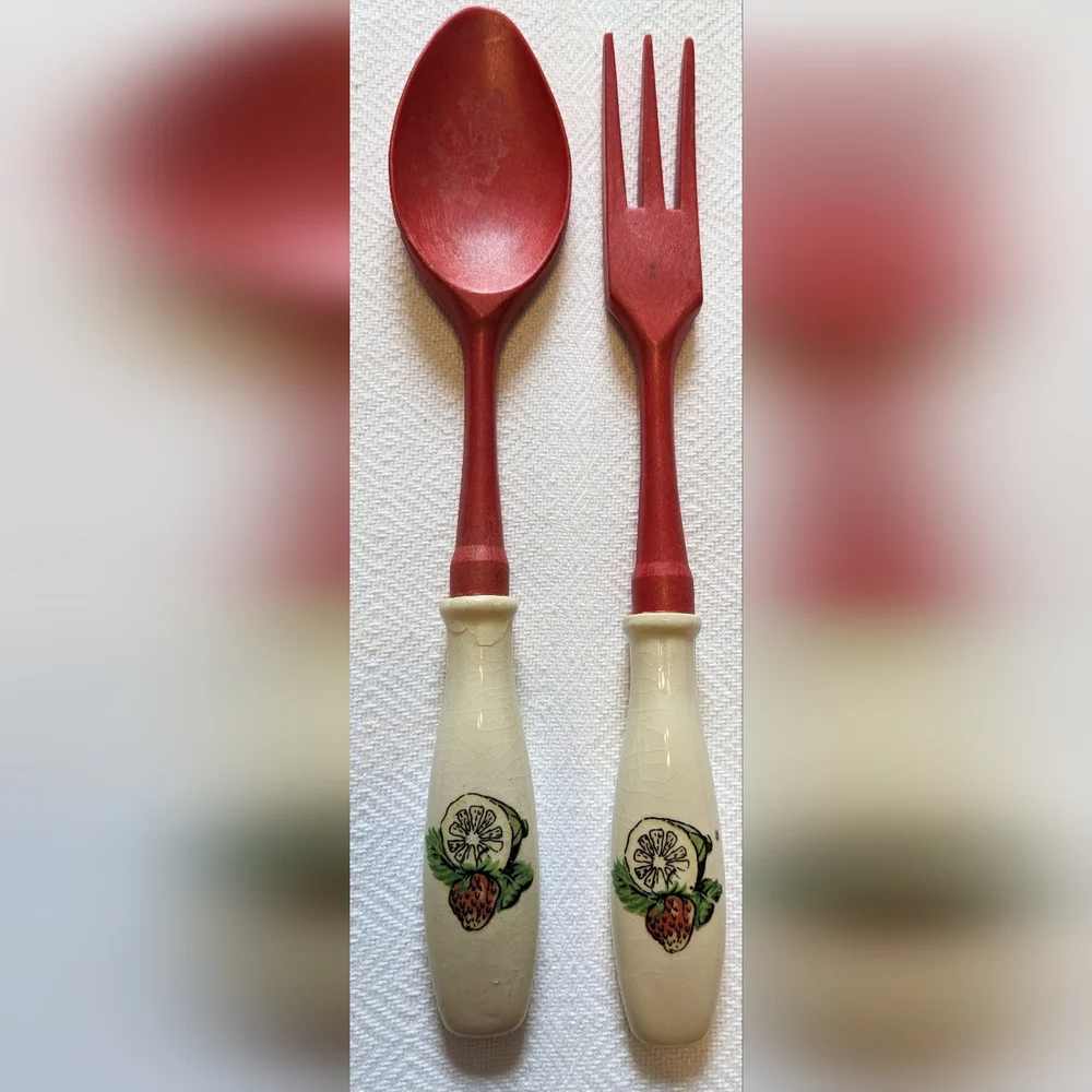 Vintage Red and Cream Salad Serving Utensil Set